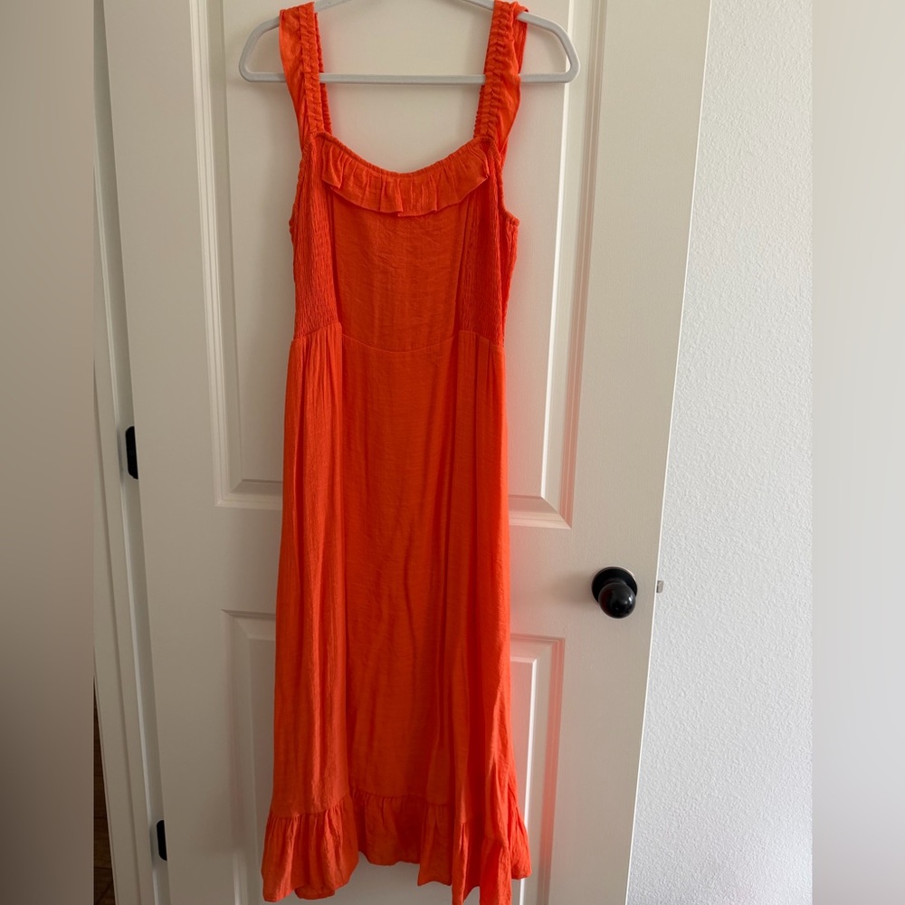 Heartloom Coral Red Sleeveless Dress with Ruffle Neckline